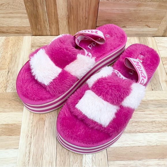 MUDD Stormy Fuchsia/White Fuzzy Elastic Slingback Slides Platform Slippers Sz 9 - Picture 16 of 16
